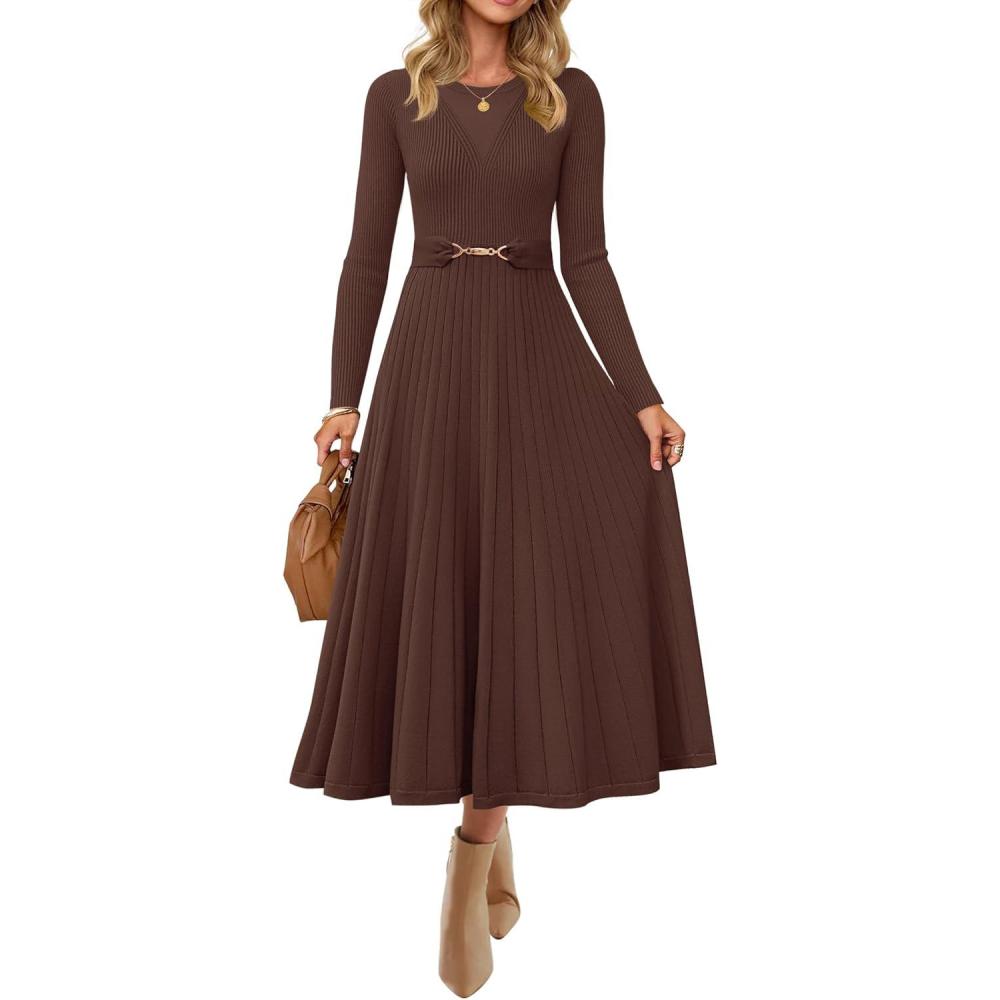 imageZESICA Womens Long Sleeve Midi Sweater Dress 2026 Fall Crewneck Knit A Line Pleated Flowy Long Dresses with BeltCoffee