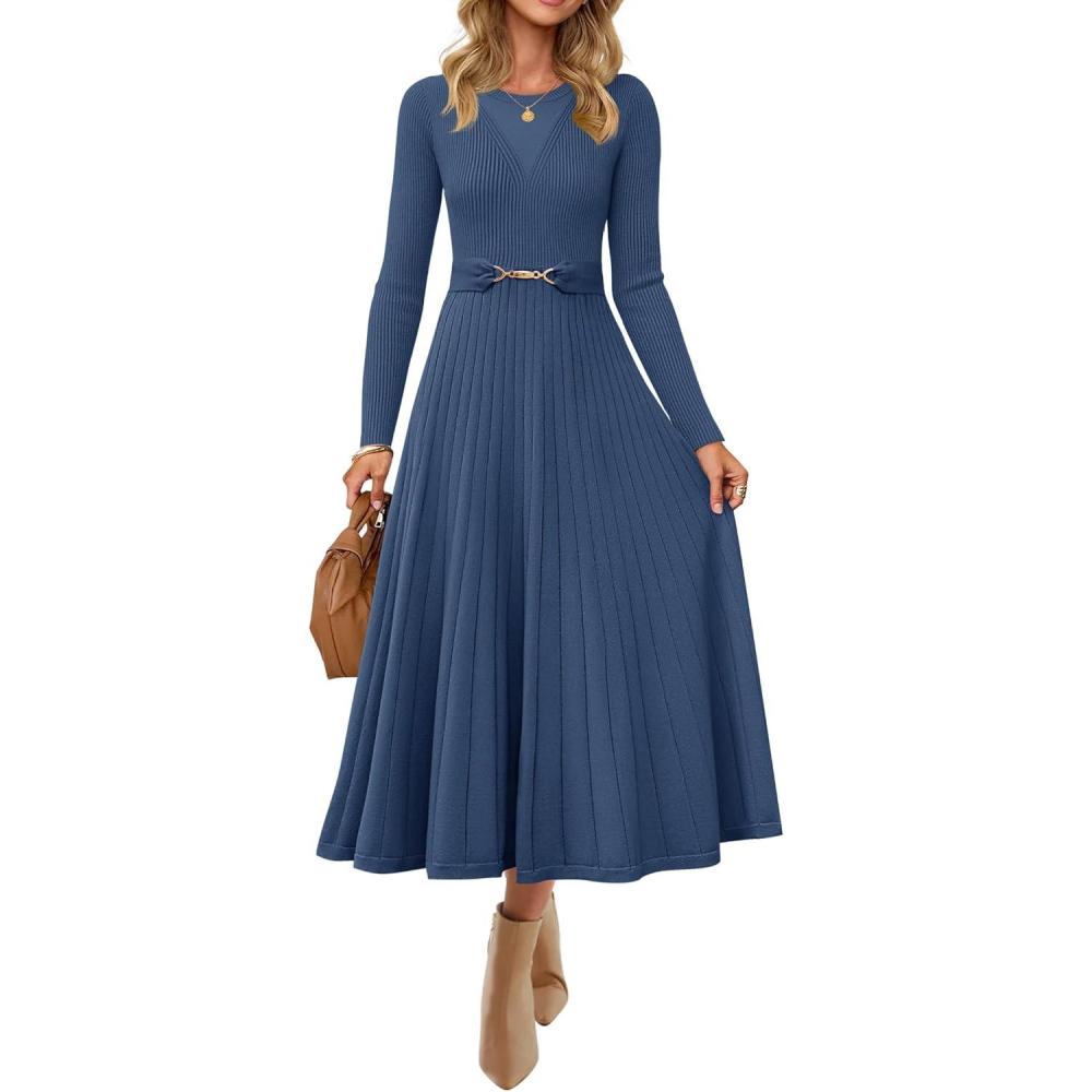 imageZESICA Womens Long Sleeve Midi Sweater Dress 2026 Fall Crewneck Knit A Line Pleated Flowy Long Dresses with BeltDark Blue