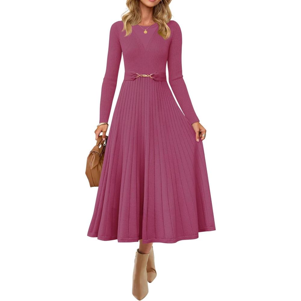 imageZESICA Womens Long Sleeve Midi Sweater Dress 2026 Fall Crewneck Knit A Line Pleated Flowy Long Dresses with BeltEggplant