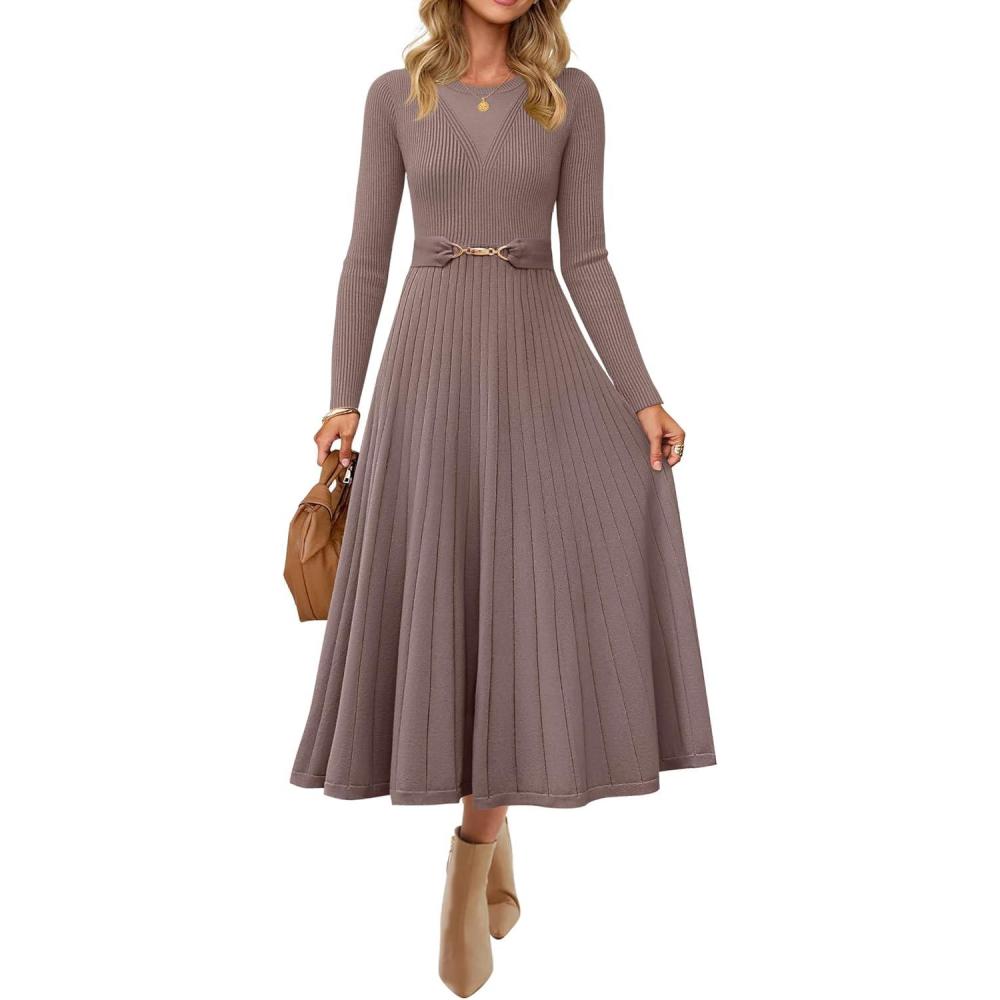imageZESICA Womens Long Sleeve Midi Sweater Dress 2026 Fall Crewneck Knit A Line Pleated Flowy Long Dresses with BeltKhaki