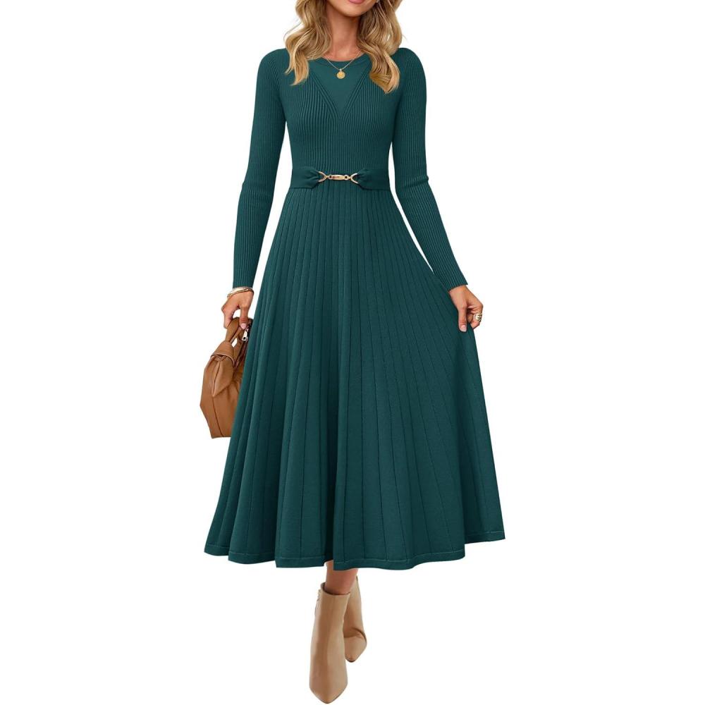 imageZESICA Womens Long Sleeve Midi Sweater Dress 2026 Fall Crewneck Knit A Line Pleated Flowy Long Dresses with BeltTeal