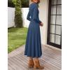ZESICA Women’s Long Sleeve Midi Sweater Dress 2026 Fall Crewneck Knit A Line Pleated Flowy Long Dresses with Belt(Dark Blue)