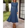 ZESICA Women’s Long Sleeve Midi Sweater Dress 2026 Fall Crewneck Knit A Line Pleated Flowy Long Dresses with Belt(Dark Blue)
