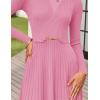 ZESICA Women’s Long Sleeve Midi Sweater Dress 2026 Fall Crewneck Knit A Line Pleated Flowy Long Dresses with Belt(Pink)