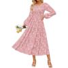 ZESICA Women’s Fall Boho Floral Midi Dress 2026 Casual Long Sleeve Crewneck Flowy Wedding Guest Long Dresses