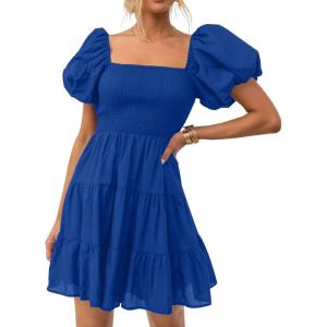 ZESICA Women’s Boho 2026 Summer Square Neck Puff Sleeve Off Shoulder Smocked Tiered Casual A Line Short Mini Dress(Royalblue)
