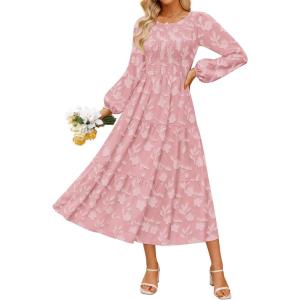 ZESICA Women’s Fall Boho Floral Midi Dress 2026 Casual Long Sleeve Crewneck Flowy Wedding Guest Long Dresses