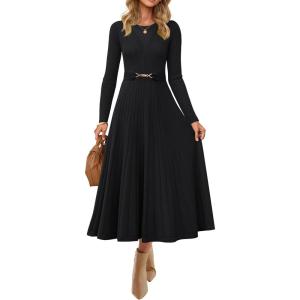 ZESICA Women’s Long Sleeve Midi Sweater Dress 2026 Fall Crewneck Knit A Line Pleated Flowy Long Dresses with Belt(Black)