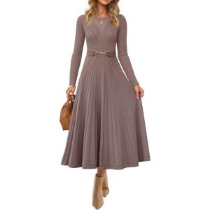 ZESICA Women’s Long Sleeve Midi Sweater Dress 2026 Fall Crewneck Knit A Line Pleated Flowy Long Dresses with Belt(Khaki)