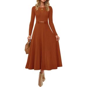 ZESICA Women’s Long Sleeve Midi Sweater Dress 2026 Fall Crewneck Knit A Line Pleated Flowy Long Dresses with Belt(Rust)