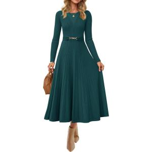 ZESICA Women’s Long Sleeve Midi Sweater Dress 2026 Fall Crewneck Knit A Line Pleated Flowy Long Dresses with Belt(Teal)
