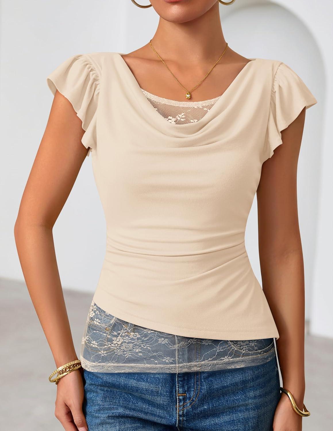 imageZESICA Womens Summer Ruffle Short Sleeve Lace Tops Cowl Neck Solid Color Trendy Work Shirts Going Out BlousesApricot