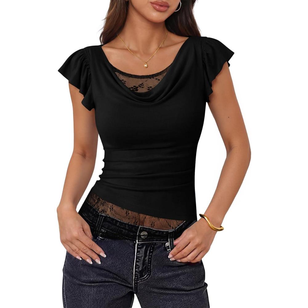 imageZESICA Womens Summer Ruffle Short Sleeve Lace Tops Cowl Neck Solid Color Trendy Work Shirts Going Out BlousesBlack