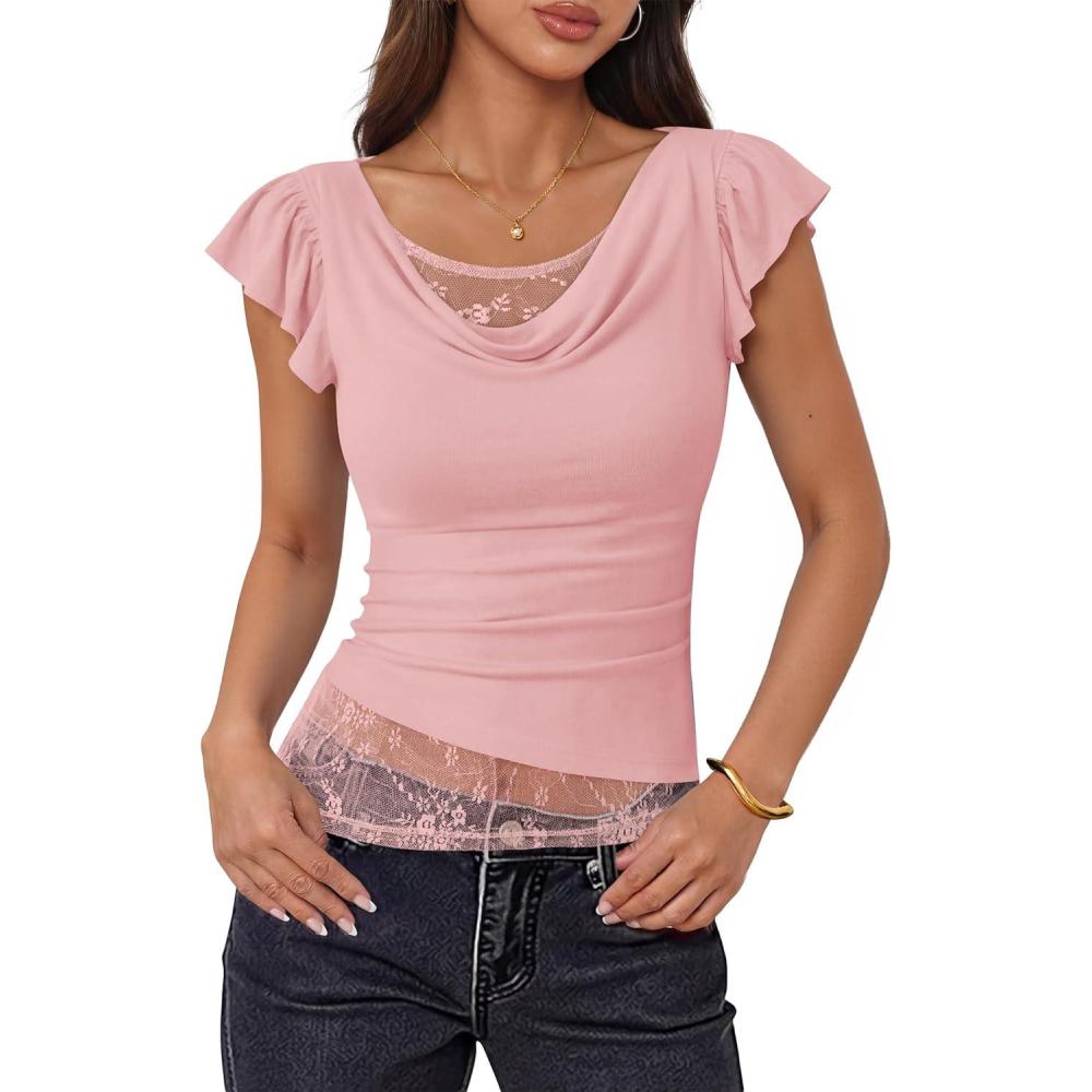 imageZESICA Womens Summer Ruffle Short Sleeve Lace Tops Cowl Neck Solid Color Trendy Work Shirts Going Out BlousesPink