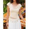 ZESICA Women’s Summer Ruffle Short Sleeve Lace Tops Cowl Neck Solid Color Trendy Work Shirts Going Out Blouses(Apricot)