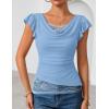 ZESICA Women’s Summer Ruffle Short Sleeve Lace Tops Cowl Neck Solid Color Trendy Work Shirts Going Out Blouses(Blue)