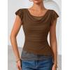 ZESICA Women’s Summer Ruffle Short Sleeve Lace Tops Cowl Neck Solid Color Trendy Work Shirts Going Out Blouses(Brown)