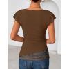 ZESICA Women’s Summer Ruffle Short Sleeve Lace Tops Cowl Neck Solid Color Trendy Work Shirts Going Out Blouses(Brown)