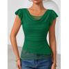 ZESICA Women’s Summer Ruffle Short Sleeve Lace Tops Cowl Neck Solid Color Trendy Work Shirts Going Out Blouses(Green)