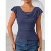 ZESICA Women’s Summer Ruffle Short Sleeve Lace Tops Cowl Neck Solid Color Trendy Work Shirts Going Out Blouses(Navy)