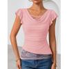 ZESICA Women’s Summer Ruffle Short Sleeve Lace Tops Cowl Neck Solid Color Trendy Work Shirts Going Out Blouses(Pink)