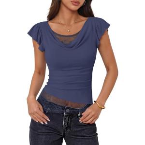 ZESICA Women’s Summer Ruffle Short Sleeve Lace Tops Cowl Neck Solid Color Trendy Work Shirts Going Out Blouses(Navy)