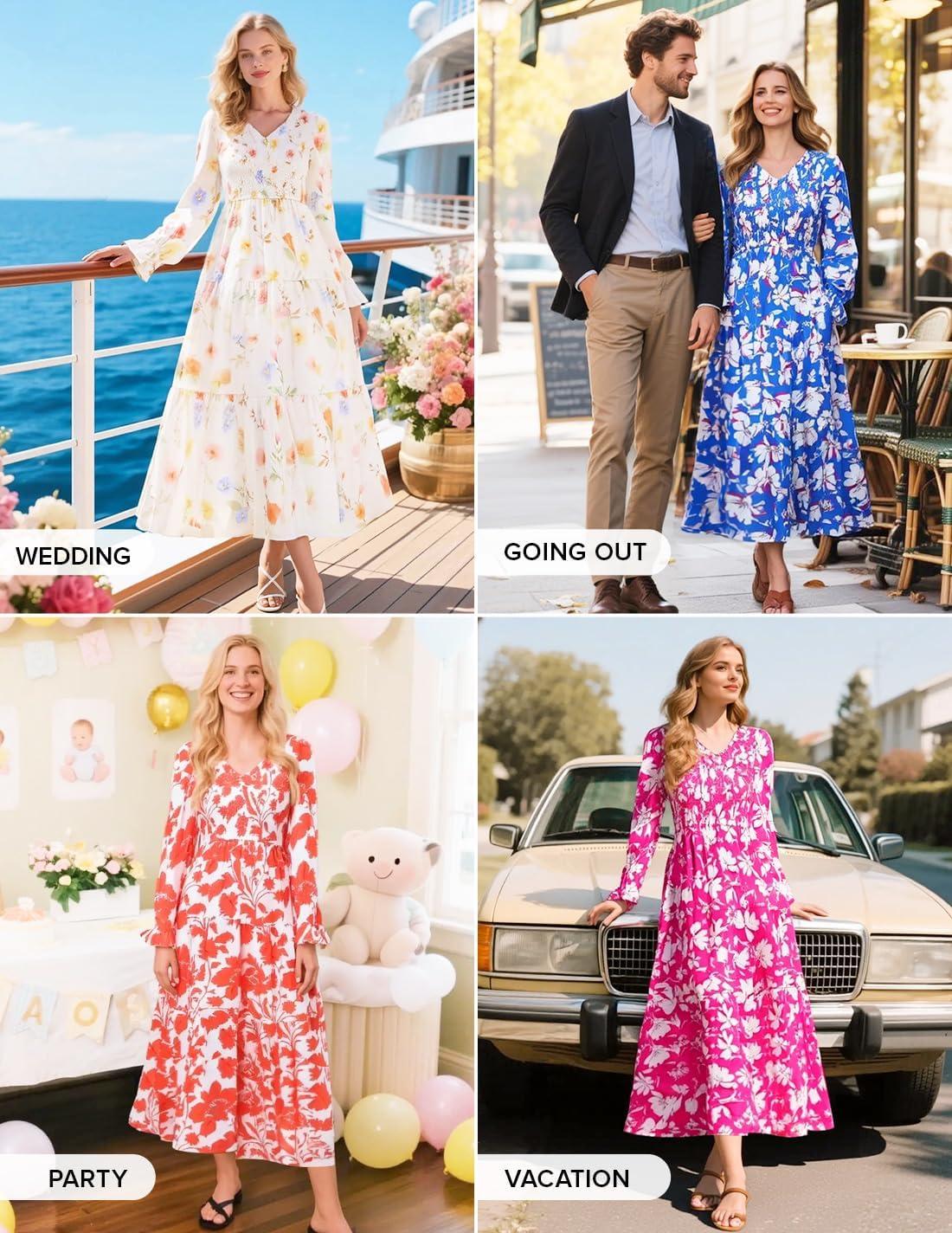 imageZESICA Womens Floral Boho Maxi Dress 2026 Spring Summer Casual Long Sleeve V Neck A Line Flowy Wedding Guest DressesGreen
