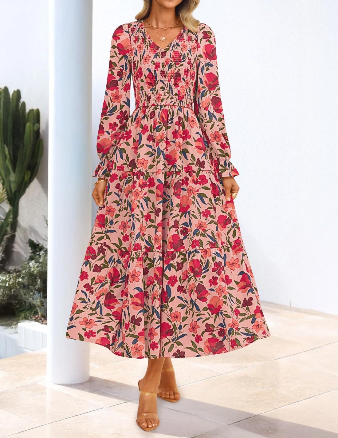 imageZESICA Womens Floral Boho Maxi Dress 2026 Spring Summer Casual Long Sleeve V Neck A Line Flowy Wedding Guest DressesVintage Pink