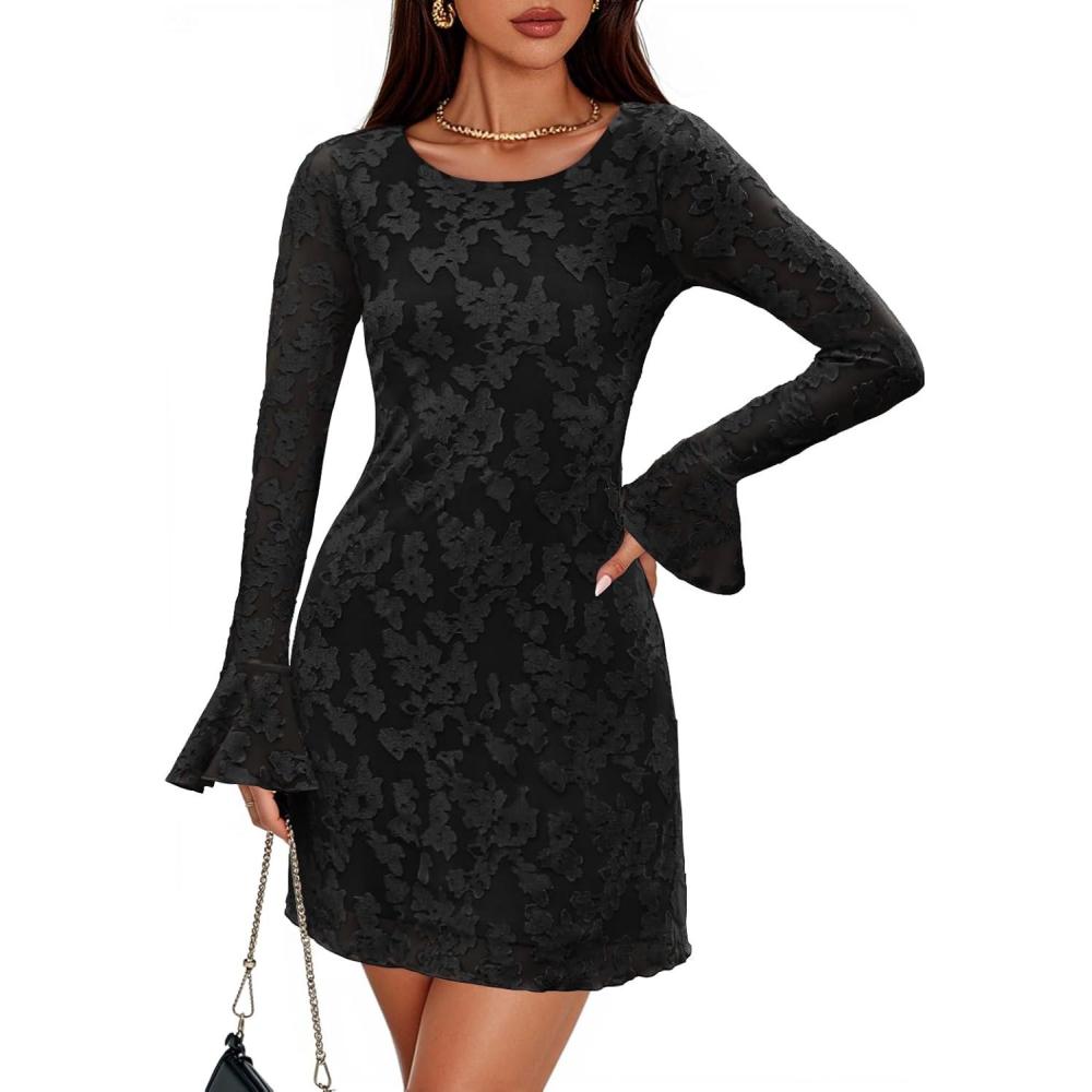 imageZESICA Long Sleeve Mini Dresses for Women Spring Mesh Floral Crewneck Bodycon Wedding Guests Cocktail Party Short DressBlack