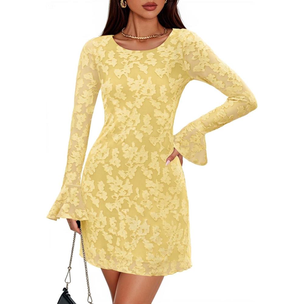 imageZESICA Long Sleeve Mini Dresses for Women Spring Mesh Floral Crewneck Bodycon Wedding Guests Cocktail Party Short DressYellow