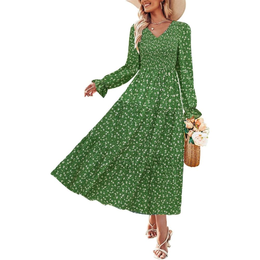 imageZESICA Womens Floral Boho Maxi Dress 2026 Spring Summer Casual Long Sleeve V Neck A Line Flowy Wedding Guest DressesGreen