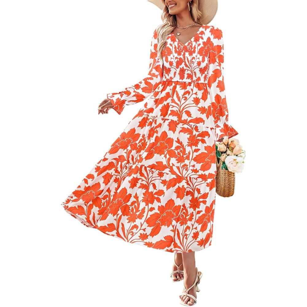 imageZESICA Womens Floral Boho Maxi Dress 2026 Spring Summer Casual Long Sleeve V Neck A Line Flowy Wedding Guest DressesOrange