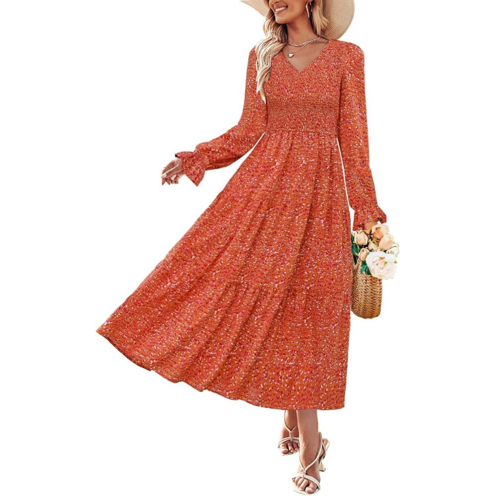 imageZESICA Womens Floral Boho Maxi Dress 2026 Spring Summer Casual Long Sleeve V Neck A Line Flowy Wedding Guest DressesRust