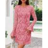 ZESICA Long Sleeve Mini Dresses for Women Spring Mesh Floral Crewneck Bodycon Wedding Guests Cocktail Party Short Dress(Pink)