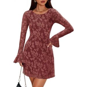 ZESICA Long Sleeve Mini Dresses for Women Spring Mesh Floral Crewneck Bodycon Wedding Guests Cocktail Party Short Dress(Brick Red)