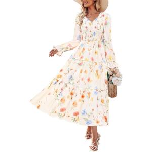 ZESICA Womens Floral Boho Maxi Dress 2026 Spring Summer Casual Long Sleeve V Neck A Line Flowy Wedding Guest Dresses(Apricot)