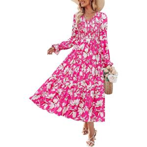 ZESICA Womens Floral Boho Maxi Dress 2026 Spring Summer Casual Long Sleeve V Neck A Line Flowy Wedding Guest Dresses(Rose)