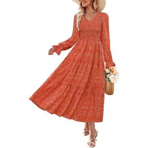 ZESICA Womens Floral Boho Maxi Dress 2026 Spring Summer Casual Long Sleeve V Neck A Line Flowy Wedding Guest Dresses(Rust)