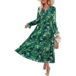 ZESICA Womens Floral Boho Maxi Dress 2026 Spring Summer Casual Long Sleeve V Neck A Line Flowy Wedding Guest Dresses(Turquoise)
