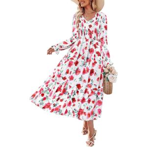 ZESICA Womens Floral Boho Maxi Dress 2026 Spring Summer Casual Long Sleeve V Neck A Line Flowy Wedding Guest Dresses(White)