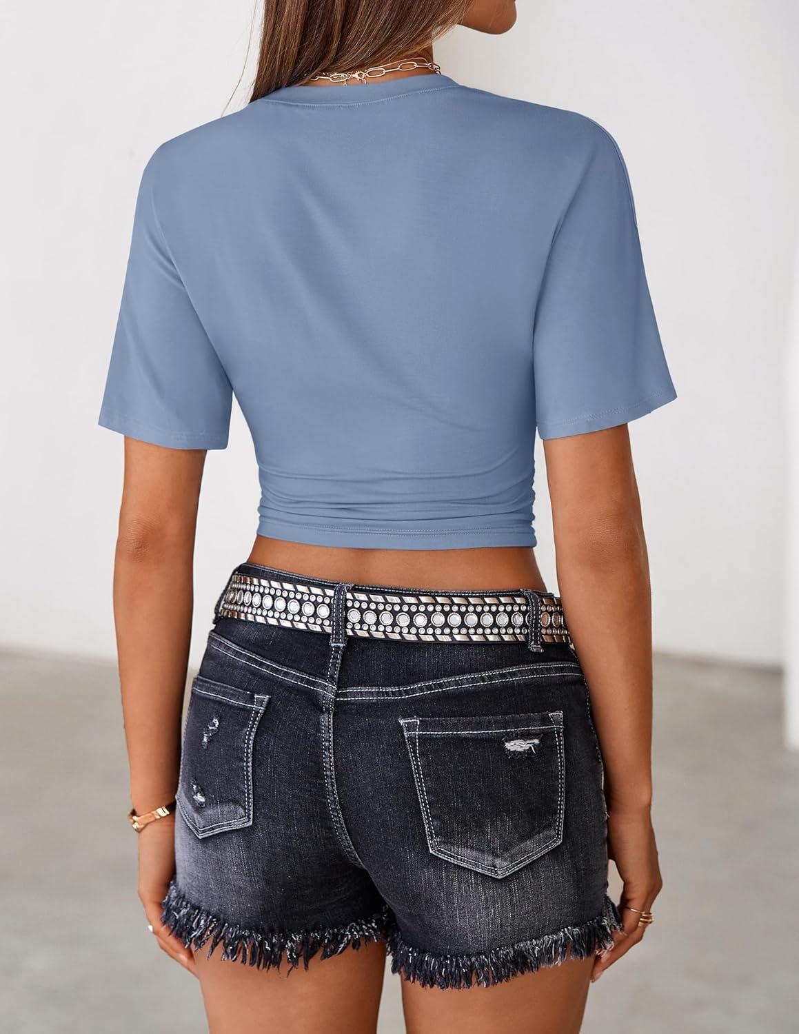 imageZESICA Womens Summer Short Sleeve Crop Tops 2026 Spring Ruched Fitted Y2k Tee Going Out T ShirtsDustyblue