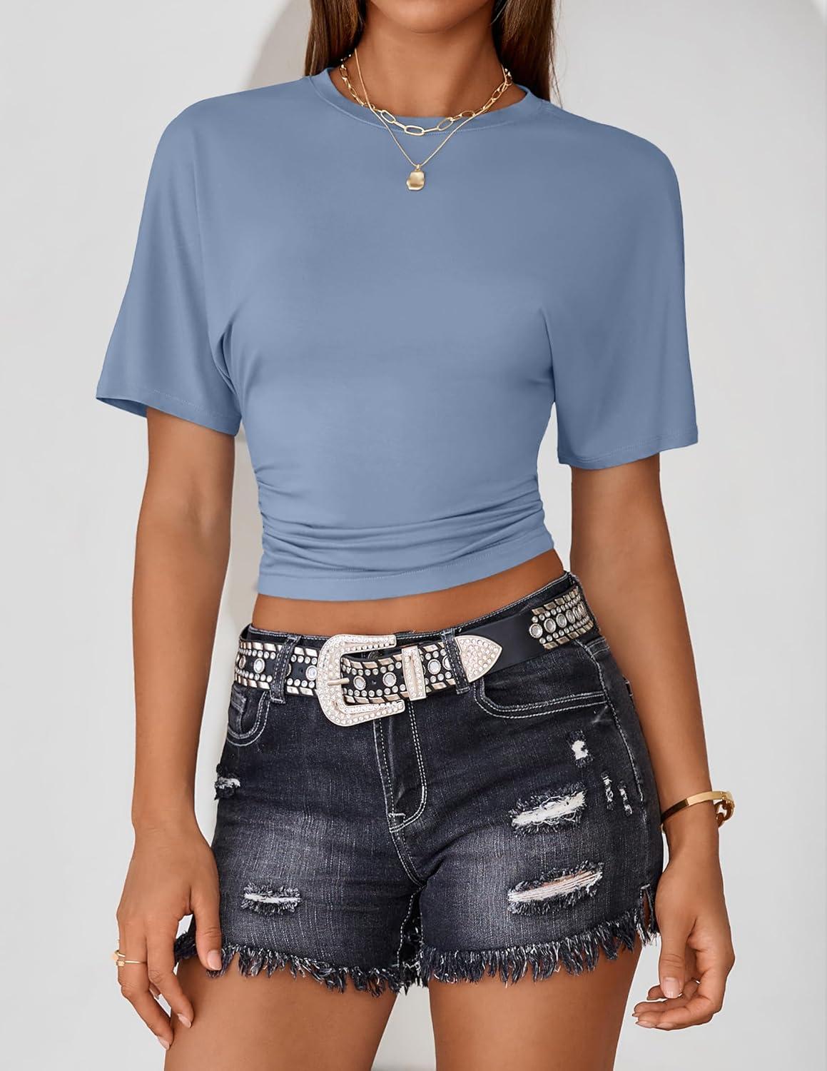imageZESICA Womens Summer Short Sleeve Crop Tops 2026 Spring Ruched Fitted Y2k Tee Going Out T ShirtsDustyblue
