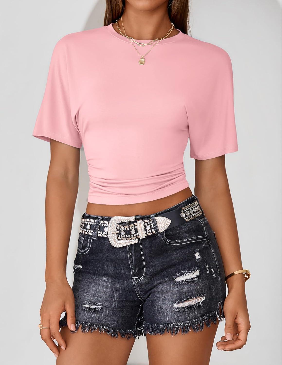 imageZESICA Womens Summer Short Sleeve Crop Tops 2026 Spring Ruched Fitted Y2k Tee Going Out T ShirtsPink