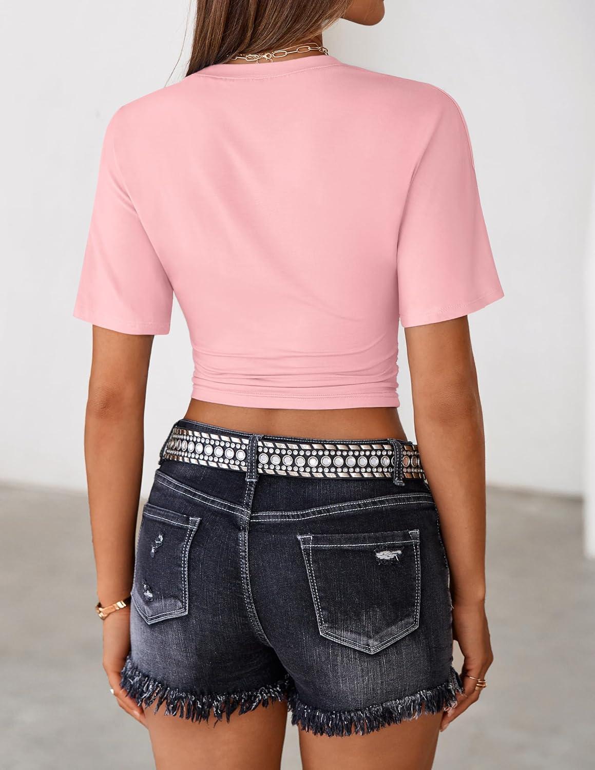 imageZESICA Womens Summer Short Sleeve Crop Tops 2026 Spring Ruched Fitted Y2k Tee Going Out T ShirtsPink