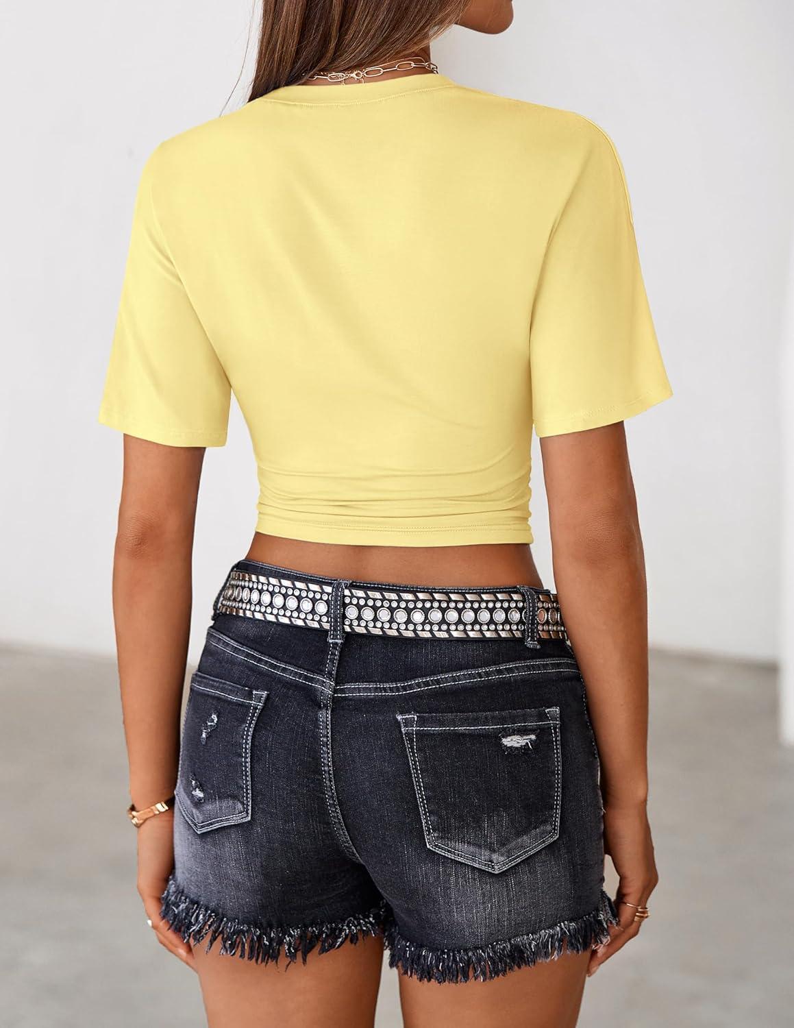 imageZESICA Womens Summer Short Sleeve Crop Tops 2026 Spring Ruched Fitted Y2k Tee Going Out T ShirtsYellow