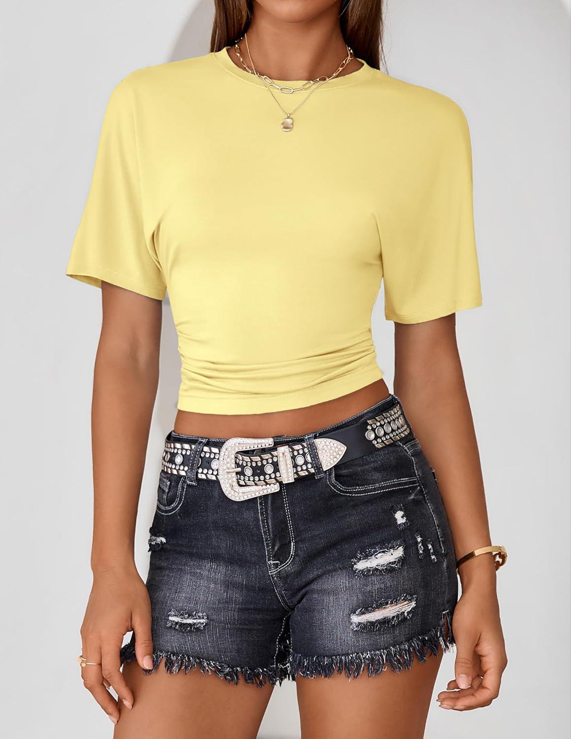 imageZESICA Womens Summer Short Sleeve Crop Tops 2026 Spring Ruched Fitted Y2k Tee Going Out T ShirtsYellow