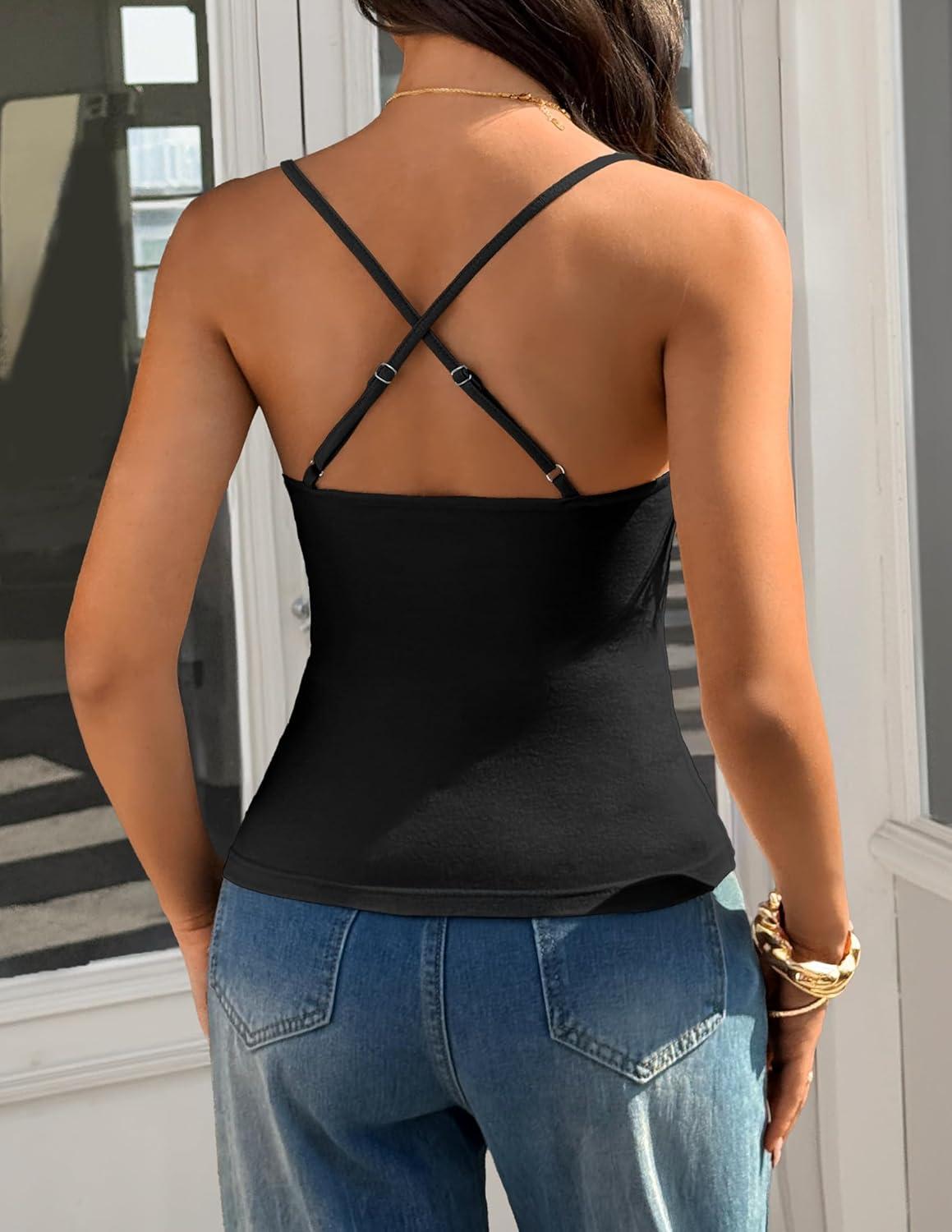 imageZESICA Womens Summer Sleeveless Camisole Tops 2026 Spaghetti Strap Knit Tank Top Square Neck Slim Fit Crop Trendy ShirtBlack
