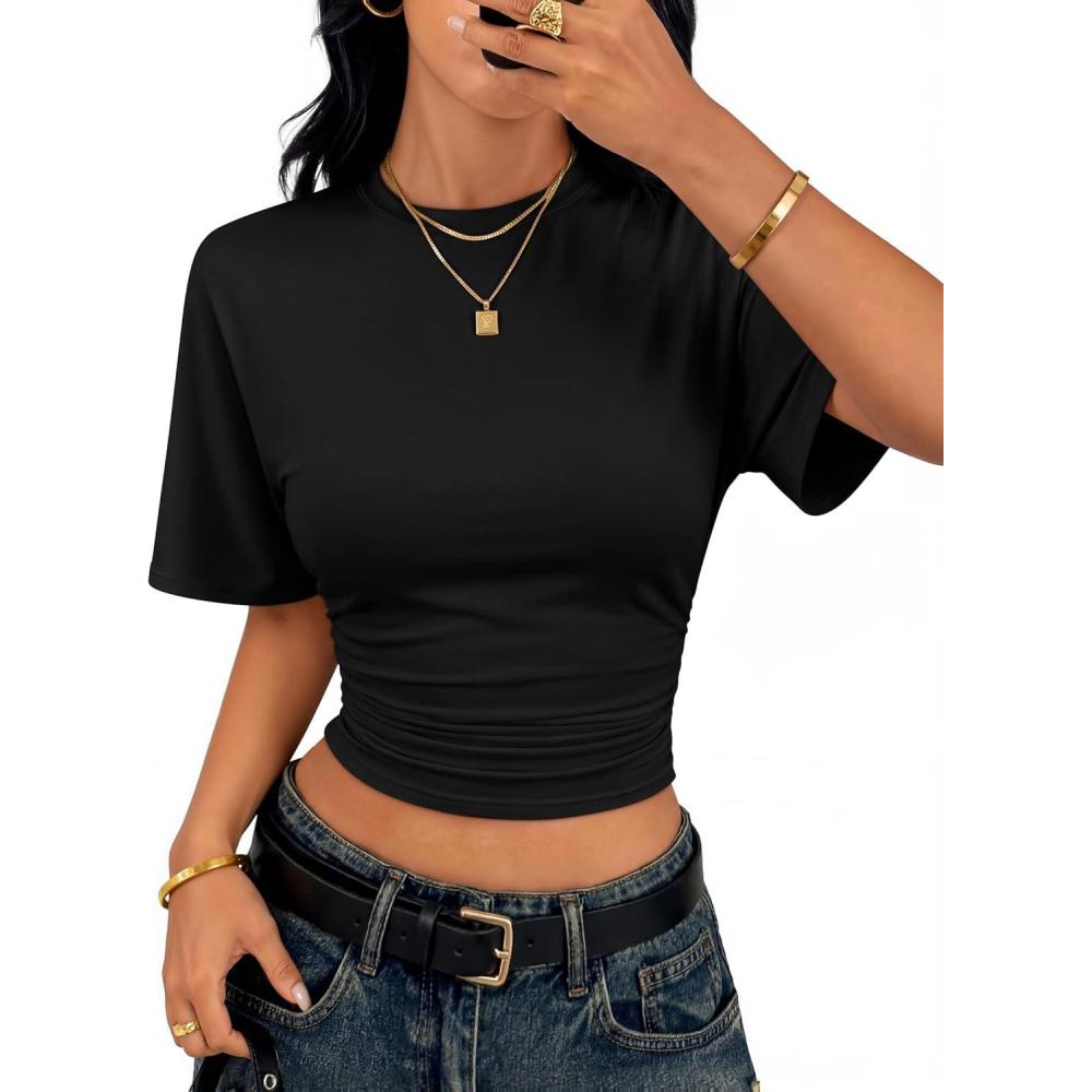imageZESICA Womens Summer Short Sleeve Crop Tops 2026 Spring Ruched Fitted Y2k Tee Going Out T ShirtsBlack