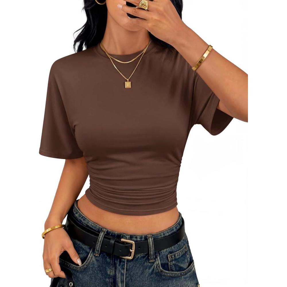 imageZESICA Womens Summer Short Sleeve Crop Tops 2026 Spring Ruched Fitted Y2k Tee Going Out T ShirtsBrown