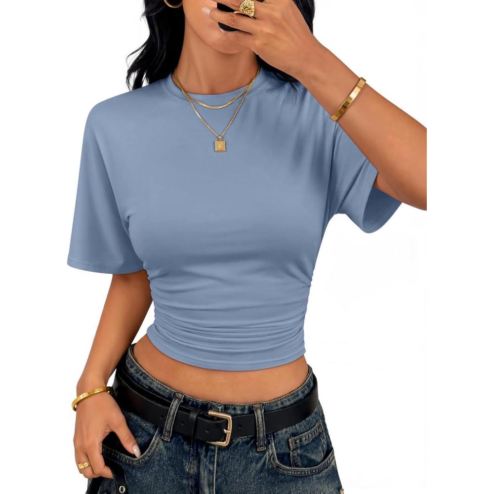 imageZESICA Womens Summer Short Sleeve Crop Tops 2026 Spring Ruched Fitted Y2k Tee Going Out T ShirtsDustyblue